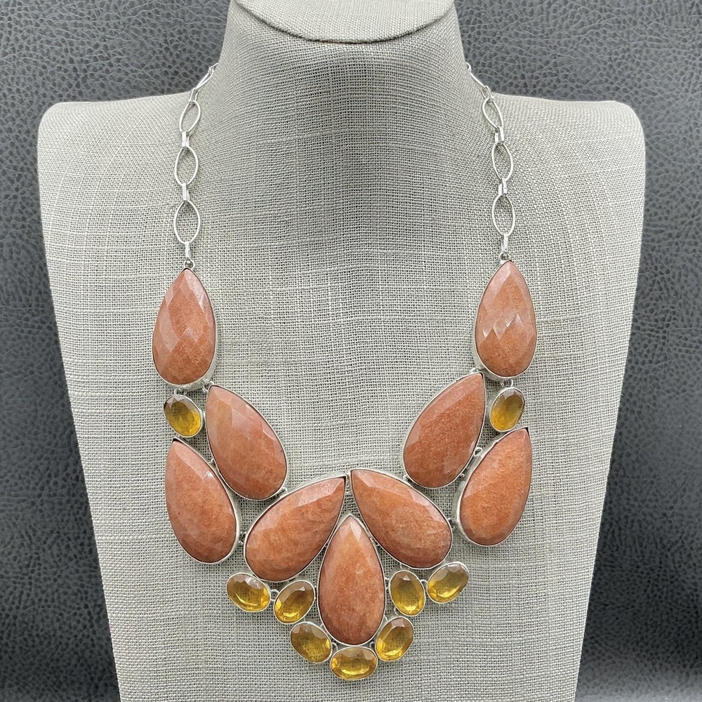 Statement Bib Necklace Silver Tone Faceted Gemstones Crystals Toggle Clasp‎ 20"